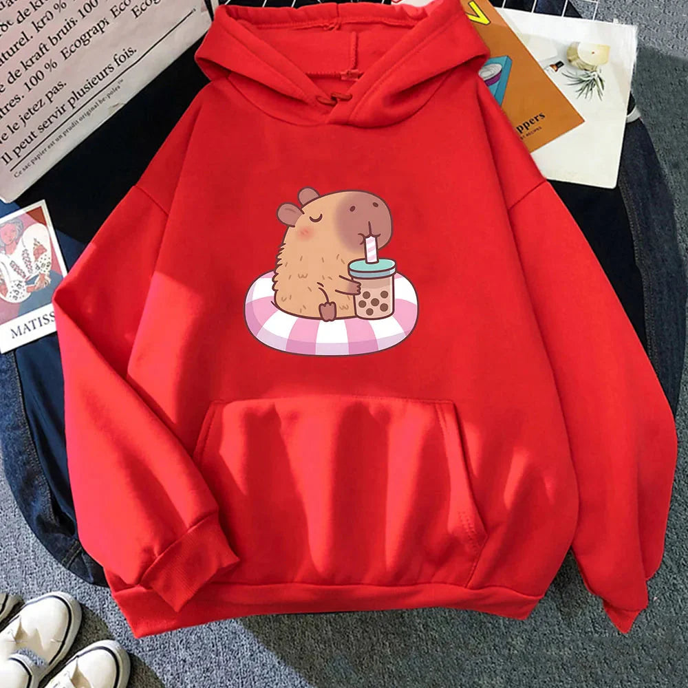 Capybara Floating & Sipping Bubble Tea Unisex Hoodie-Enchanted peach