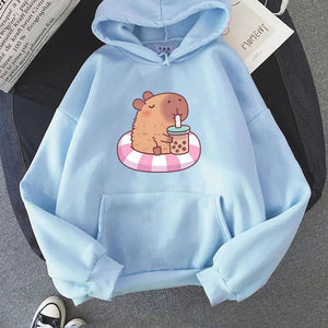 Capybara Floating & Sipping Bubble Tea Unisex Hoodie-Enchanted peach