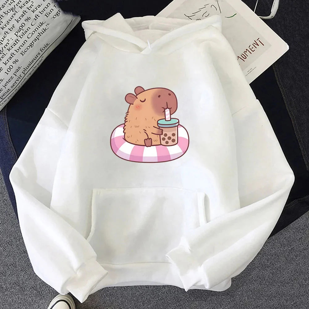 Capybara Floating & Sipping Bubble Tea Unisex Hoodie-Enchanted peach