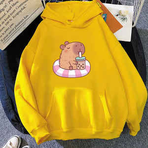 Capybara Floating & Sipping Bubble Tea Unisex Hoodie-Enchanted peach