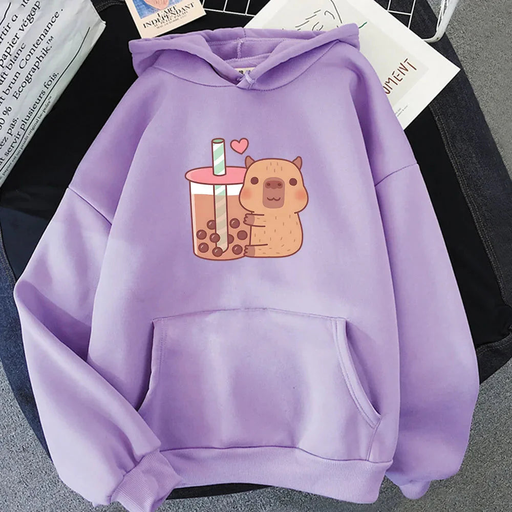 Capybara Hugging Drinking Bubble Tea Unisex Hoodie-Enchanted peach