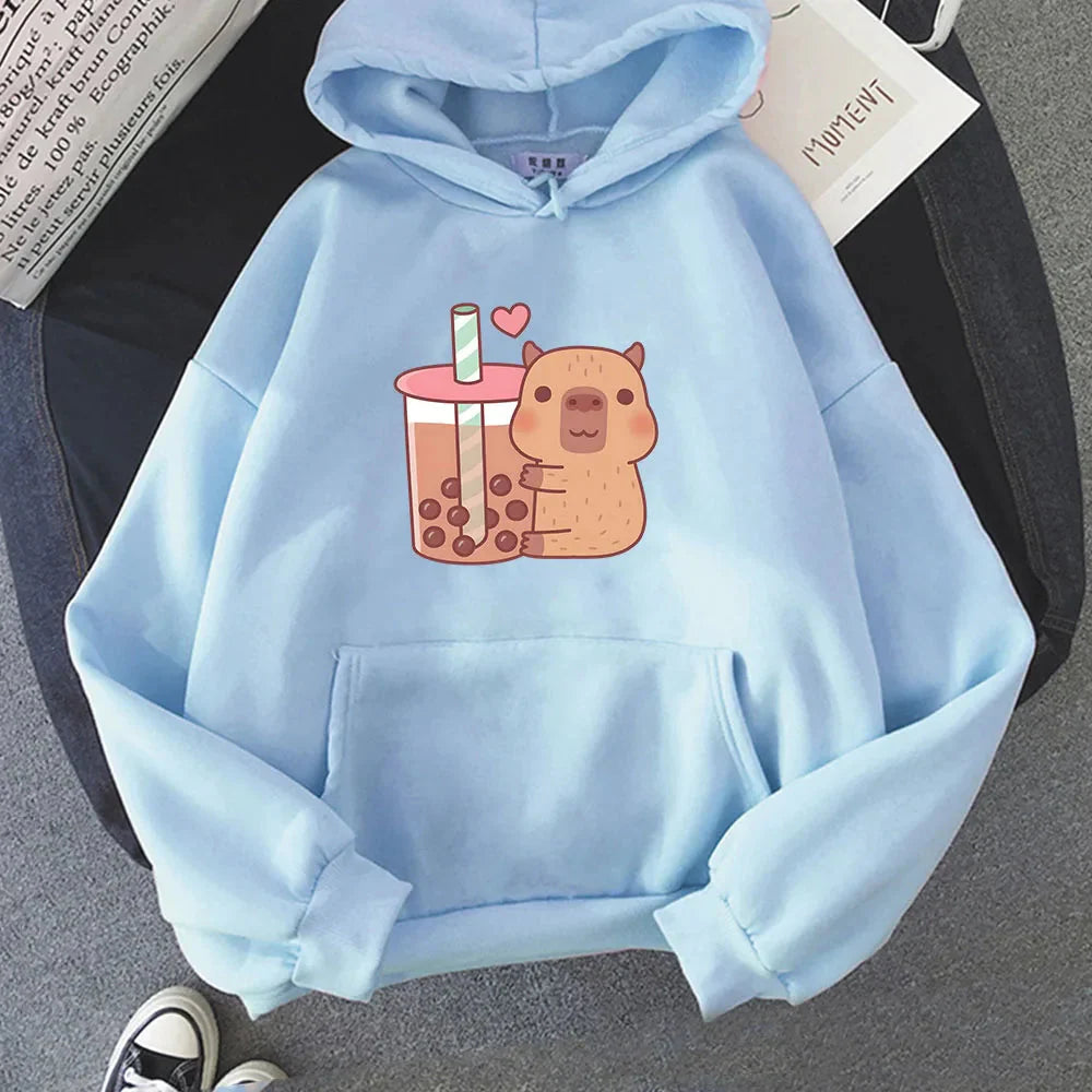 Capybara Hugging Drinking Bubble Tea Unisex Hoodie-Enchanted peach