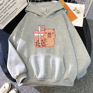 Capybara Hugging Drinking Bubble Tea Unisex Hoodie-Enchanted peach