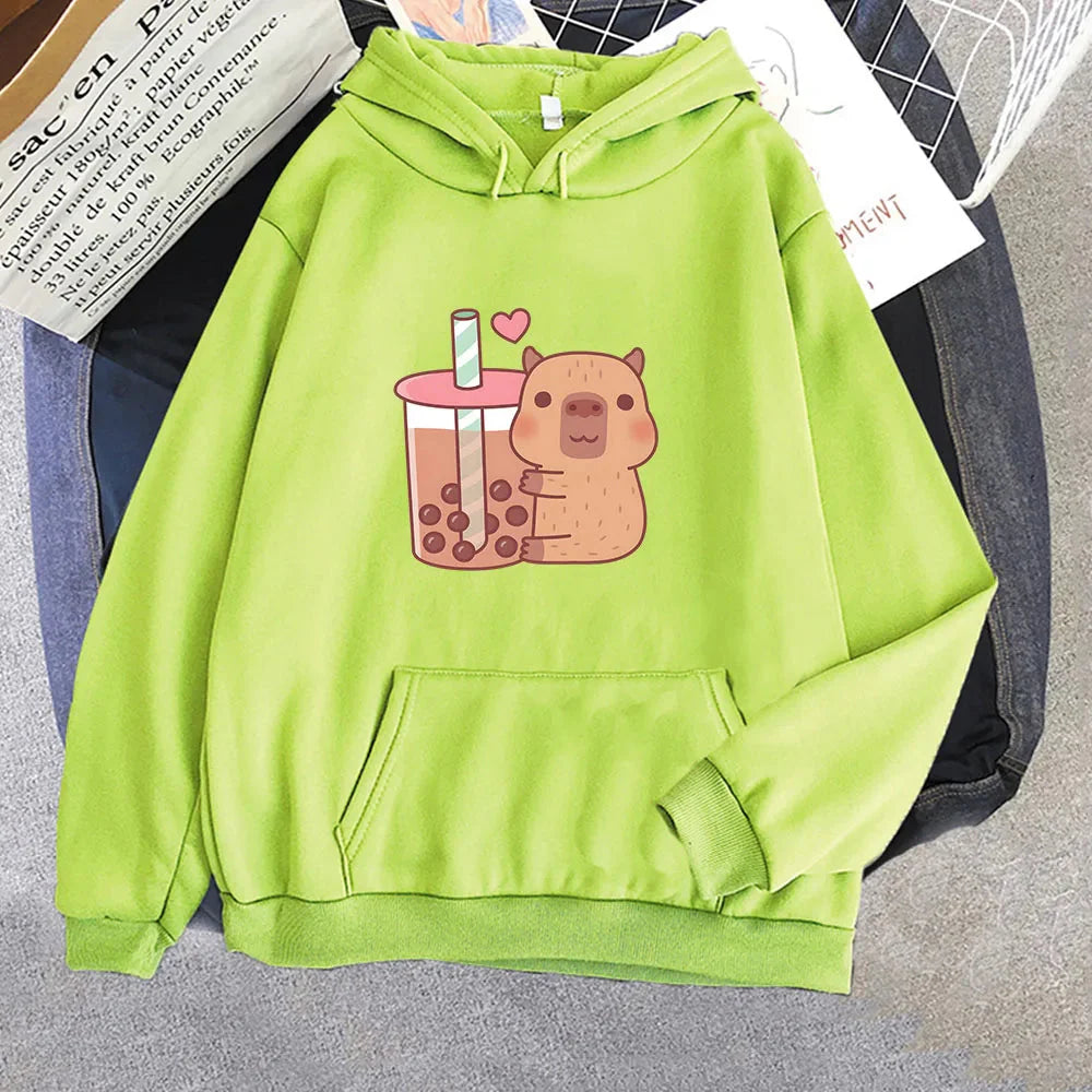 Capybara Hugging Drinking Bubble Tea Unisex Hoodie-Enchanted peach