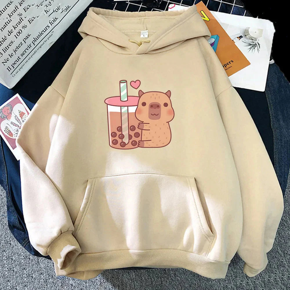 Capybara Hugging Drinking Bubble Tea Unisex Hoodie-Enchanted peach