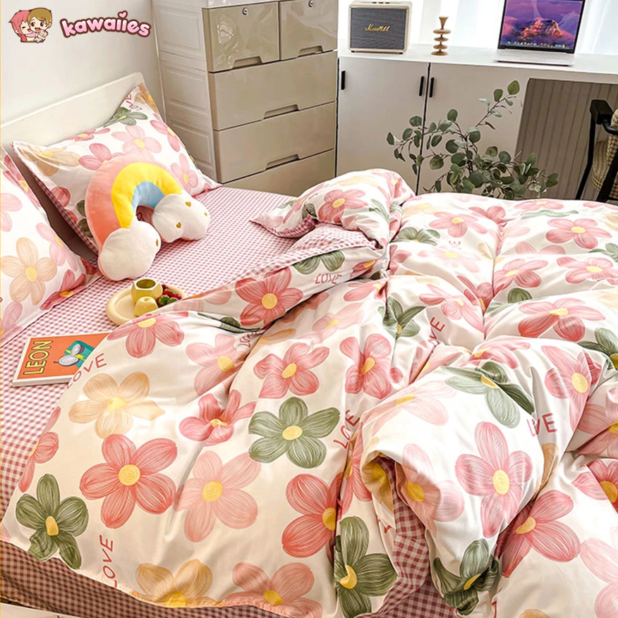 Cartoon Floral Pink Purple Green Bedding Set Collection-Enchanted peach