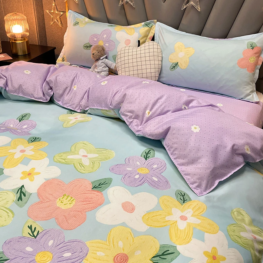 Cartoon Floral Pink Purple Green Bedding Set Collection-Enchanted peach