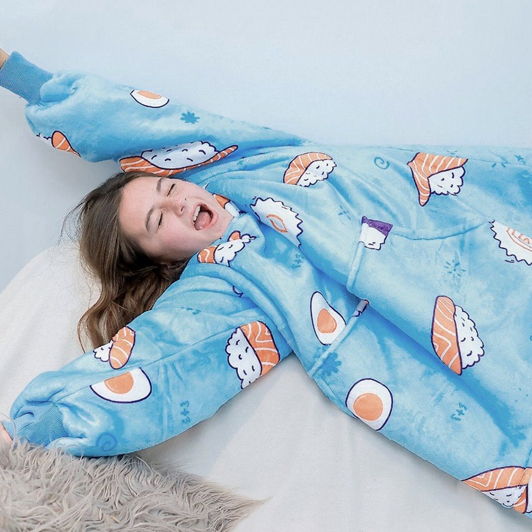 Cartoon Japanese Sushi Oversized Thick Blanket Hoodie-Enchanted peach