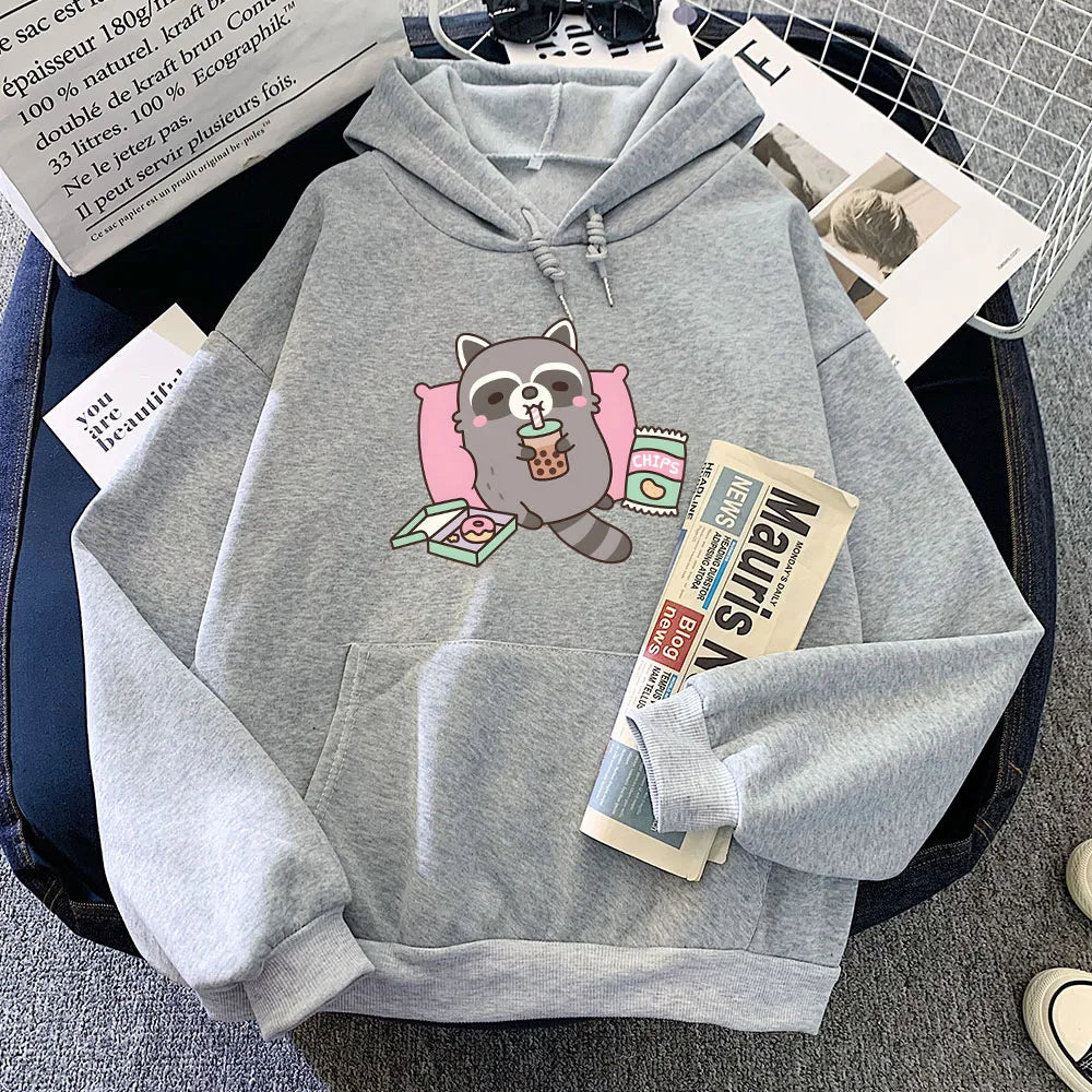 Cartoon Raccoon Bubble Tea Unisex Hoodie-Enchanted peach