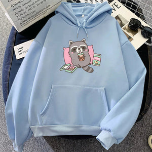 Cartoon Raccoon Bubble Tea Unisex Hoodie-Enchanted peach