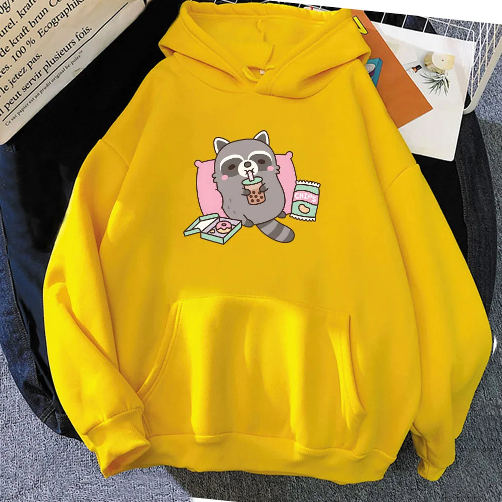 Cartoon Raccoon Bubble Tea Unisex Hoodie-Enchanted peach