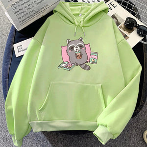 Cartoon Raccoon Bubble Tea Unisex Hoodie-Enchanted peach