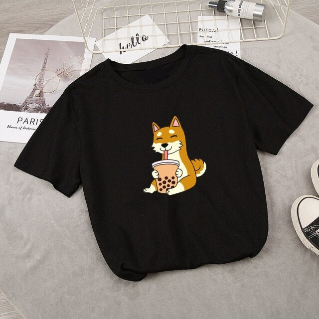 Cartoon Shiba Inu drinking Bubble Tea Women's Part Cotton Tee-Enchanted peach