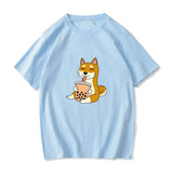 Cartoon Shiba Inu drinking Bubble Tea Women's Part Cotton Tee-Enchanted peach