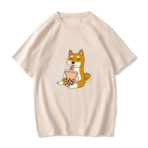 Cartoon Shiba Inu drinking Bubble Tea Women's Part Cotton Tee-Enchanted peach