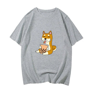 Cartoon Shiba Inu drinking Bubble Tea Women's Part Cotton Tee-Enchanted peach