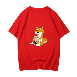 Cartoon Shiba Inu drinking Bubble Tea Women's Part Cotton Tee-Enchanted peach