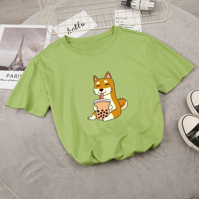 Cartoon Shiba Inu drinking Bubble Tea Women's Part Cotton Tee-Enchanted peach