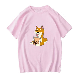 Cartoon Shiba Inu drinking Bubble Tea Women's Part Cotton Tee-Enchanted peach