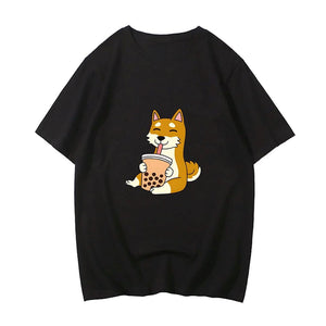 Cartoon Shiba Inu drinking Bubble Tea Women's Part Cotton Tee-Enchanted peach