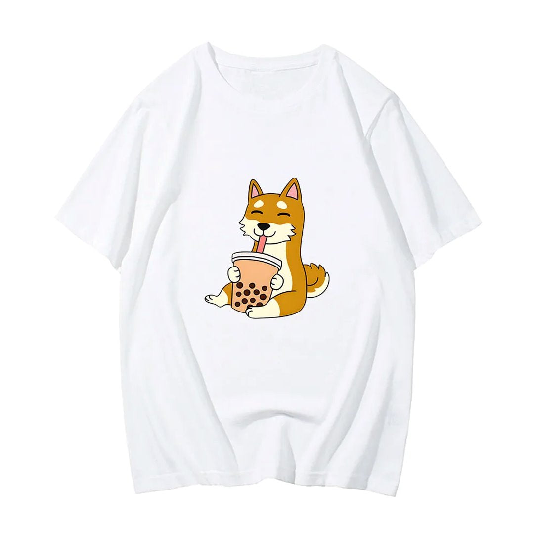 Cartoon Shiba Inu drinking Bubble Tea Women's Part Cotton Tee-Enchanted peach