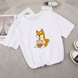 Cartoon Shiba Inu drinking Bubble Tea Women's Part Cotton Tee-Enchanted peach