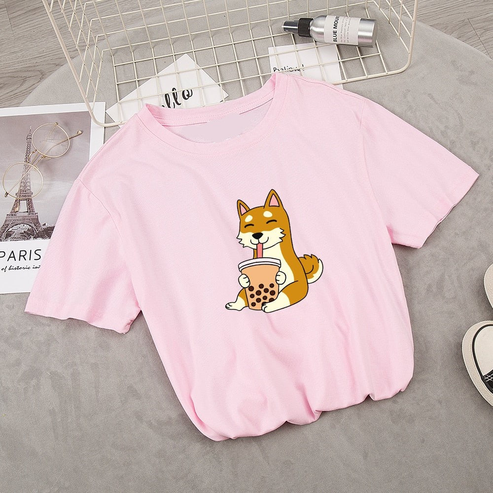 Cartoon Shiba Inu drinking Bubble Tea Women's Part Cotton Tee-Enchanted peach