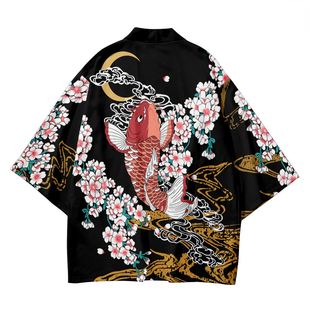 Cherry Blossomg Koi Fish Black Kimono Two-Piece Set-Enchanted peach