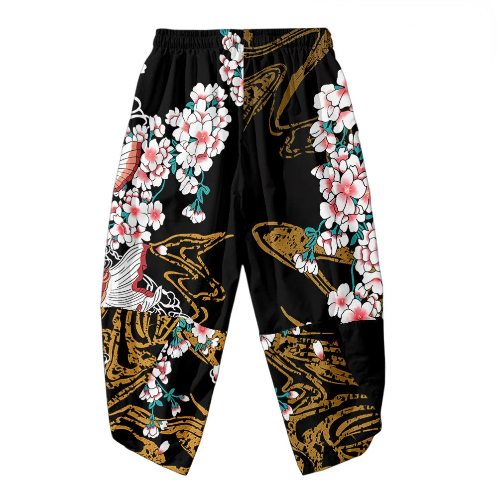 Cherry Blossomg Koi Fish Black Kimono Two-Piece Set-Enchanted peach