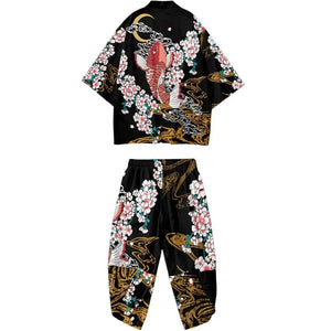 Cherry Blossomg Koi Fish Black Kimono Two-Piece Set-Enchanted peach