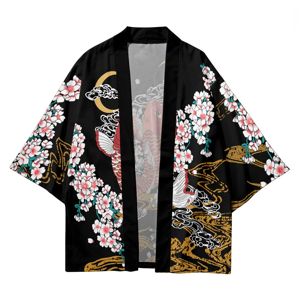 Cherry Blossomg Koi Fish Black Kimono Two-Piece Set-Enchanted peach