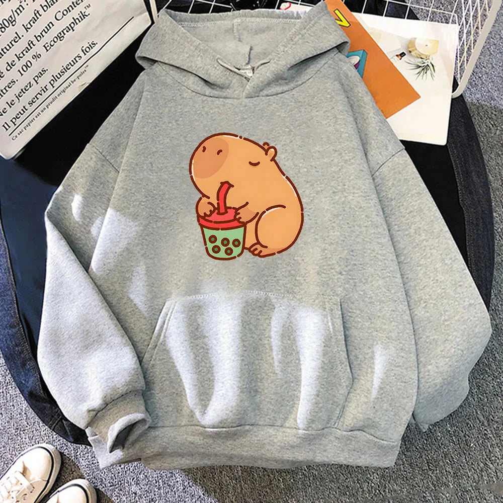 Chonky Capybara Drinking Matcha Bubble Tea Unisex Hoodie-Enchanted peach