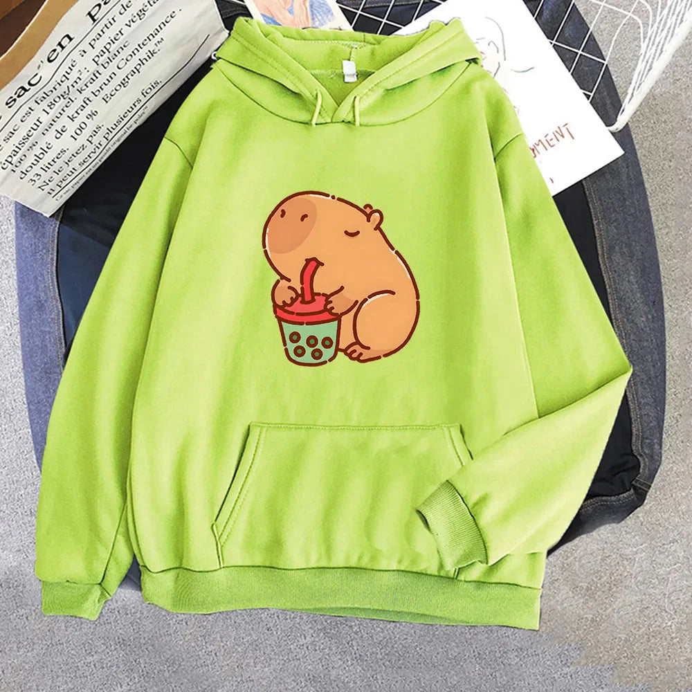 Chonky Capybara Drinking Matcha Bubble Tea Unisex Hoodie-Enchanted peach