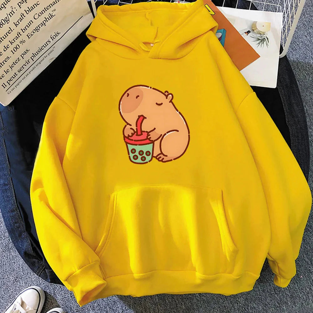 Chonky Capybara Drinking Matcha Bubble Tea Unisex Hoodie-Enchanted peach