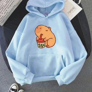 Chonky Capybara Drinking Matcha Bubble Tea Unisex Hoodie-Enchanted peach