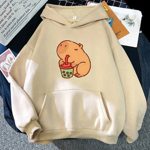 Chonky Capybara Drinking Matcha Bubble Tea Unisex Hoodie-Enchanted peach