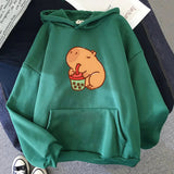 Chonky Capybara Drinking Matcha Bubble Tea Unisex Hoodie-Enchanted peach