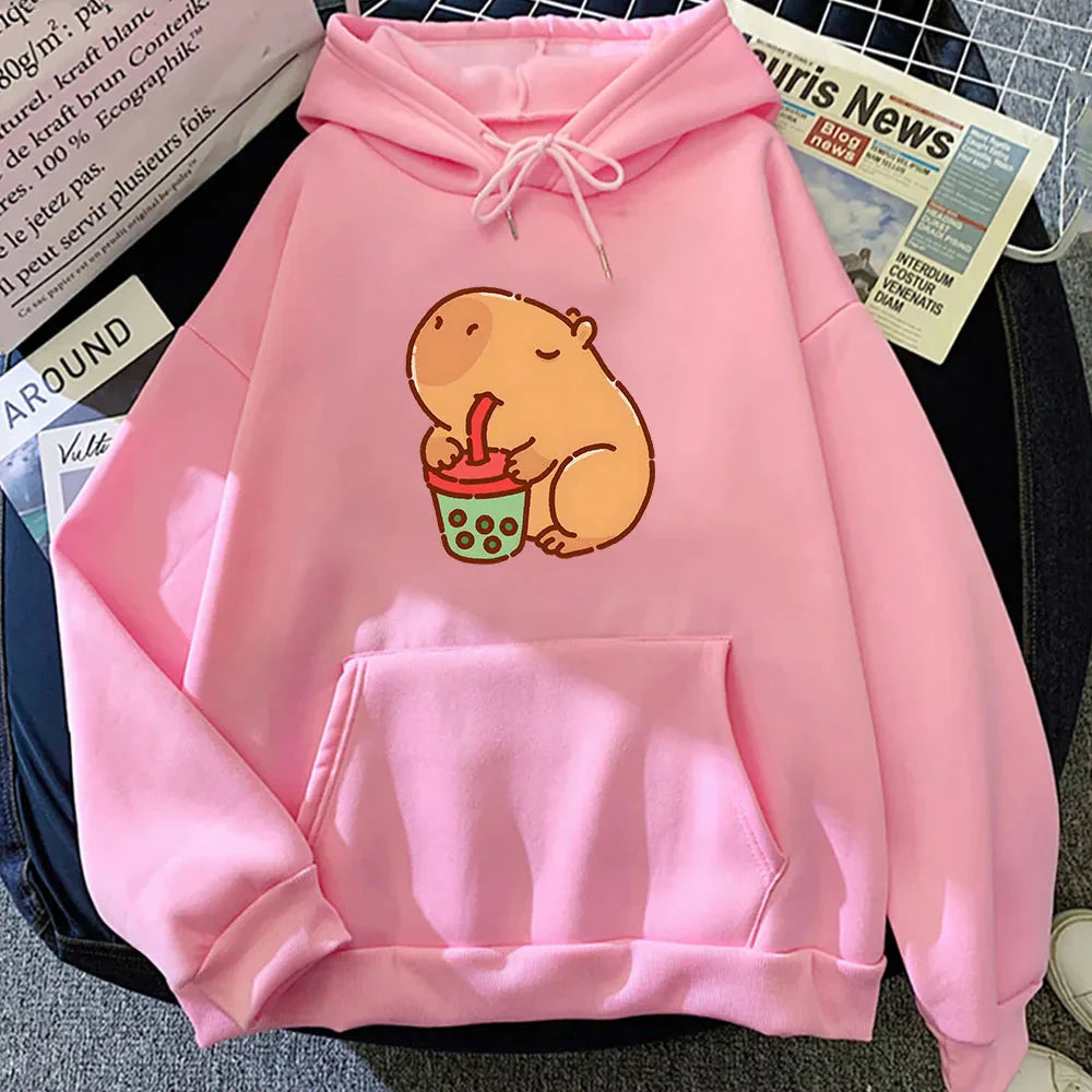 Chonky Capybara Drinking Matcha Bubble Tea Unisex Hoodie-Enchanted peach