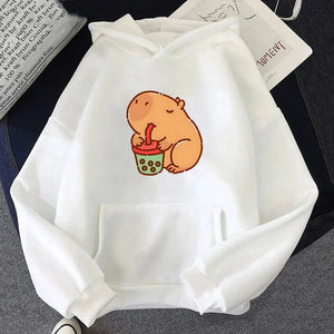 Chonky Capybara Drinking Matcha Bubble Tea Unisex Hoodie-Enchanted peach