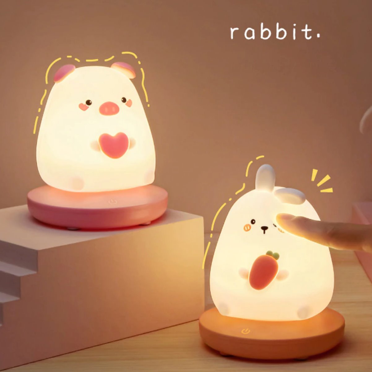 Chubby Kawaii Bunny Panda Pig Tiger LED Night Light Collection-Enchanted peach