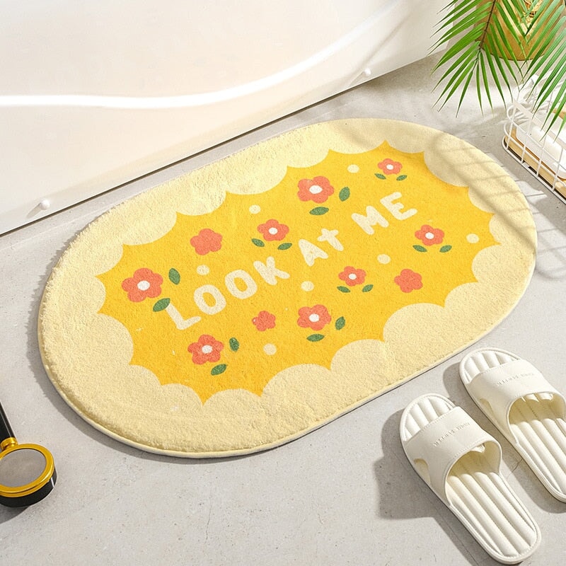 Circle Kawaii Floral Oval Bathroom Mat-Enchanted peach