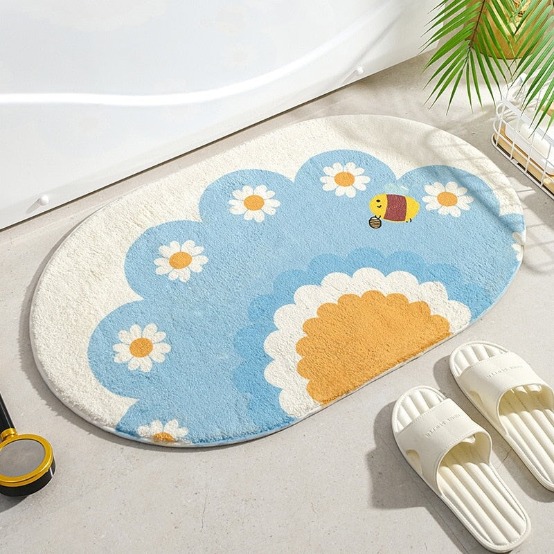 Circle Kawaii Floral Oval Bathroom Mat-Enchanted peach