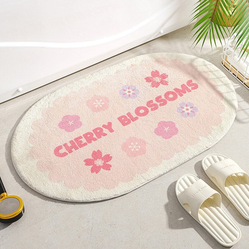 Circle Kawaii Floral Oval Bathroom Mat-Enchanted peach