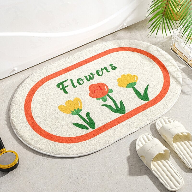 Circle Kawaii Floral Oval Bathroom Mat-Enchanted peach