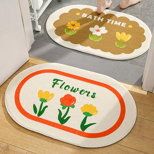 Circle Kawaii Floral Oval Bathroom Mat-Enchanted peach