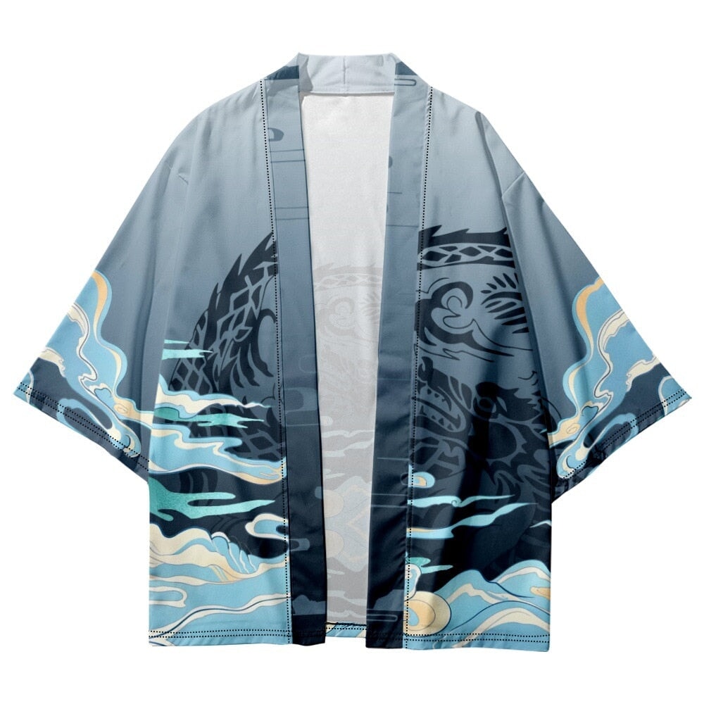 Cloud Mist Dragon Blue Unisex Kimono-Enchanted peach