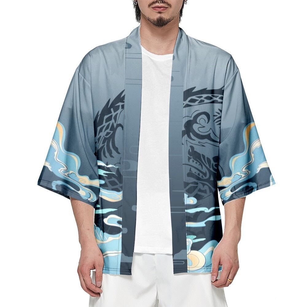 Cloud Mist Dragon Blue Unisex Kimono-Enchanted peach