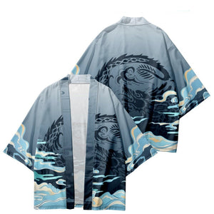 Cloud Mist Dragon Blue Unisex Kimono-Enchanted peach