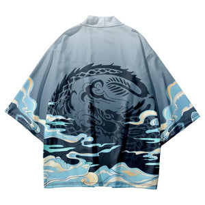 Cloud Mist Dragon Blue Unisex Kimono-Enchanted peach