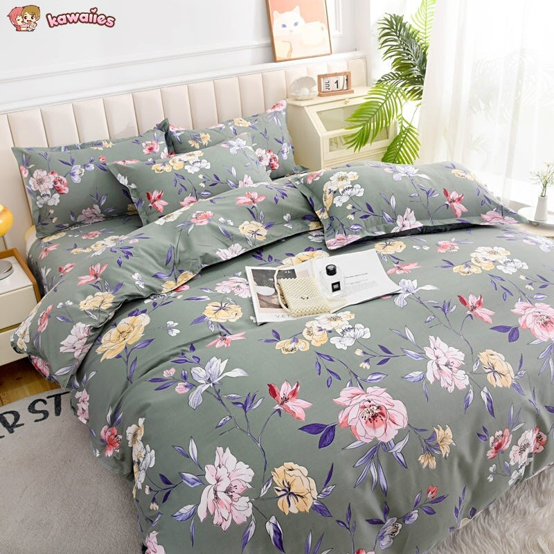 Coral Pink Blue Gray Floral Bedding Set Collection-Enchanted peach